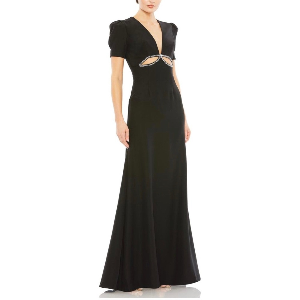 Ieena for Mac Duggal 2630 Black Plunge Neck Puff Sleeve Cut Out Gown 4